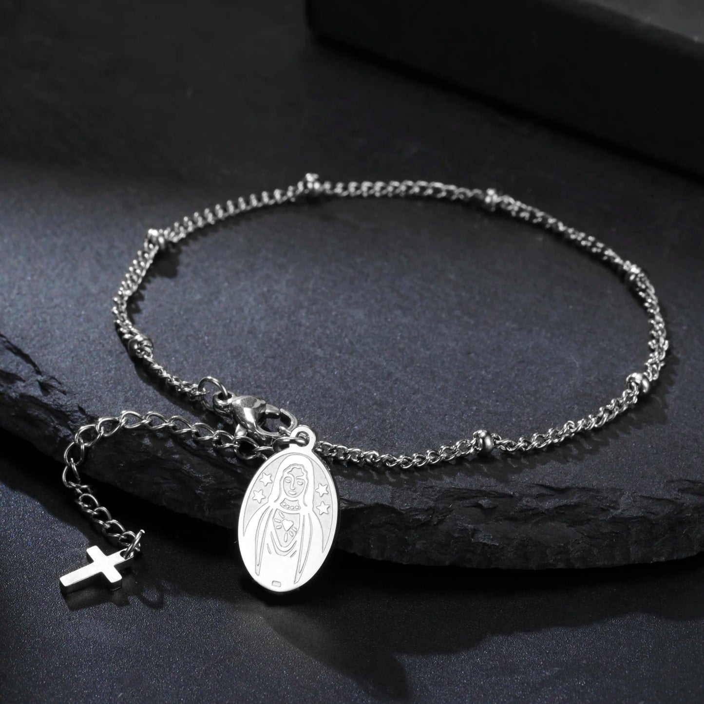 Edelstahl Perlen Kreuz Jungfrau Maria Anhänger Armband Modeschmuck Armband Geschenk für Frau