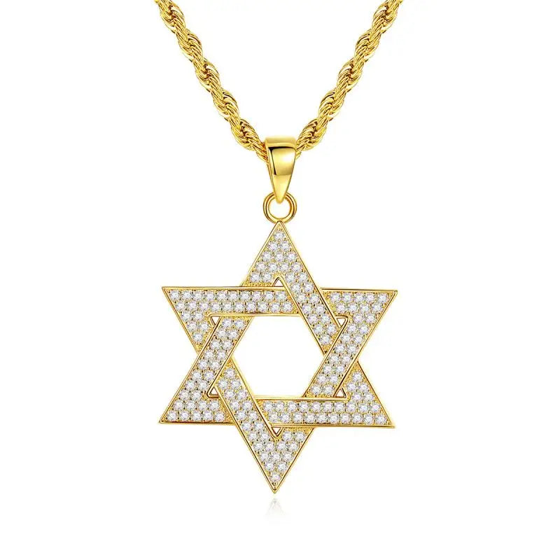 Hip Hop Männer vergoldet Schmuck Micro Pave vereist cz Stein Stern von David Anhänger Hexagramm Israel Judaismus Halsketten