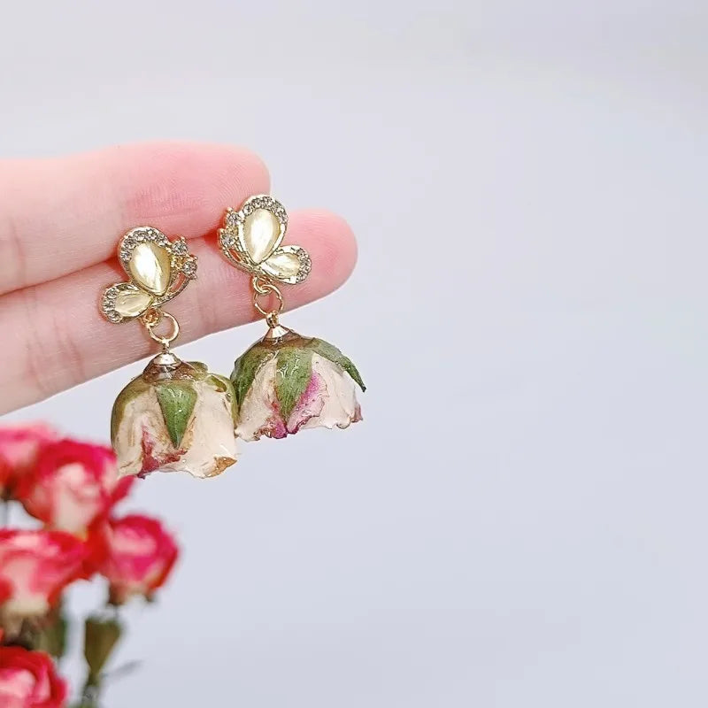 Einzigartige getrocknete Blumenohrringe, elegante natürliche Rose, Blumenperle, Quaste, lange Ohrringe, Epoxidharz, Rosenohrringe, Schmuck im Großhandel