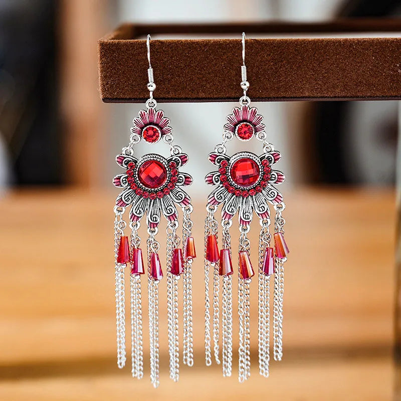 Vintage Ethnische Bunte Kristall Baumeln Ohrringe für Frauen Klassische Strand Kette Quaste Tropfen Ohrring Weibliche Pendiente Bijoux
