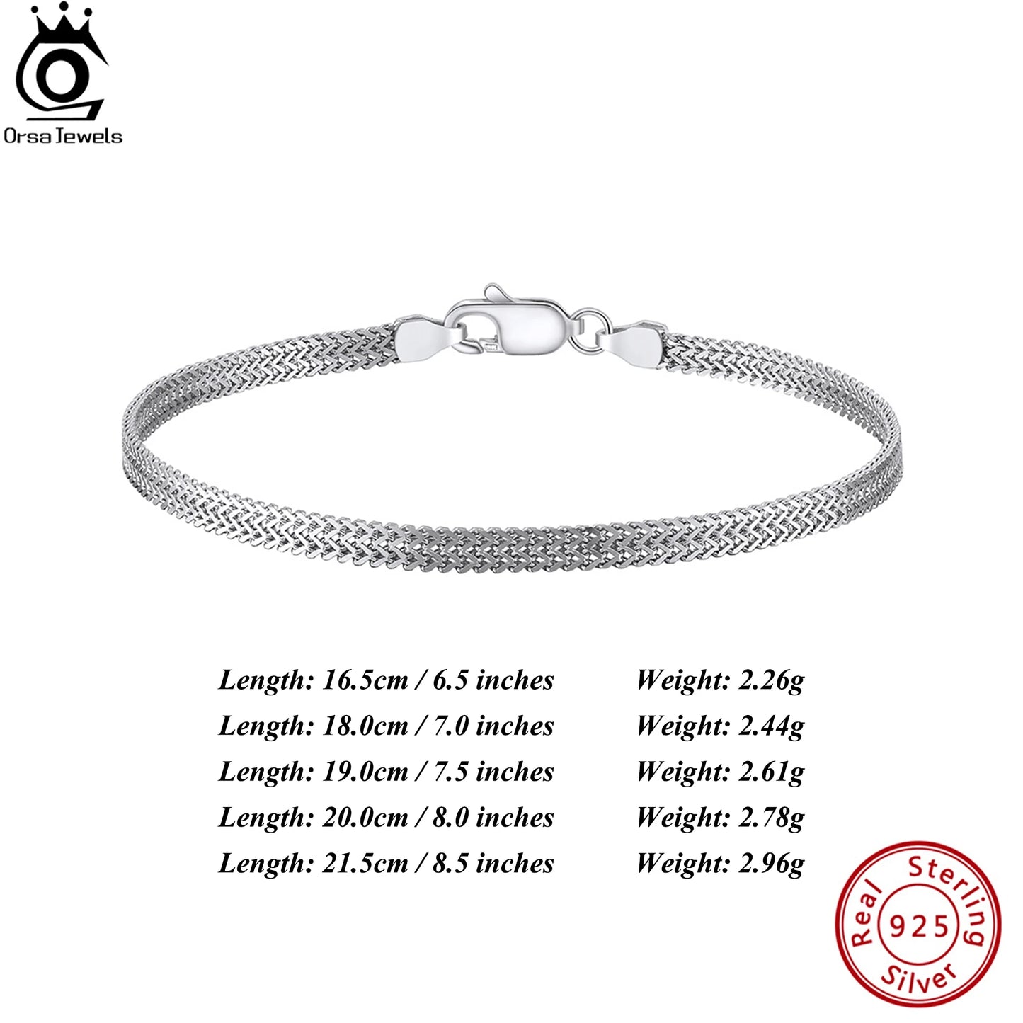 ORSA JEWELS Vintage 2,8 mm flaches Mesh-Kettenarmband S925 Silber Mehrere Größenauswahl Unisex-Stil Zubehör für Hand SB216