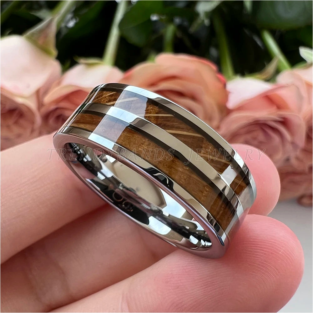 8 mm Herren- und Damenring, Wolfram-Ehering, Paar-Modeschmuck, Whiskyfass, Holzeinlage, poliert, glänzend, bequeme Passform