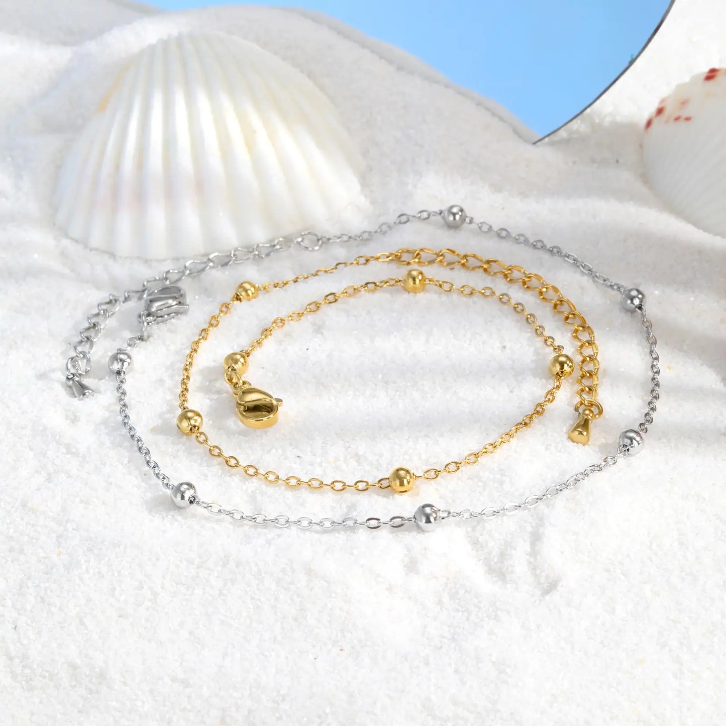 Boho Perlen Kugel Knöchelkette Armbänder für Frauen, vergoldetes Edelstahl Fußkettchen, Sommer Strand wasserdichter Fußschmuck Geschenk