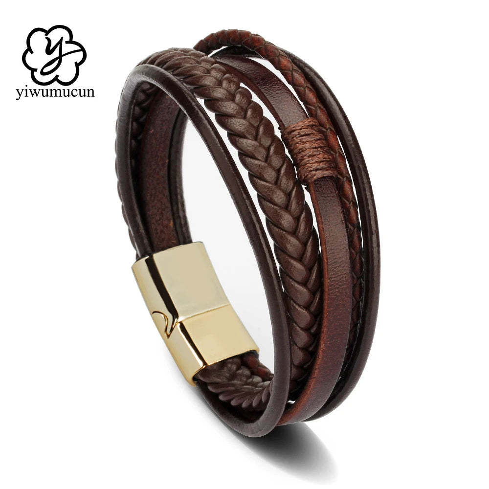 Trendige Lederarmbänder für Männer, Edelstahlarmband, 21 cm, mehrschichtige geflochtene Seilarmbänder für männliche Schmuckgeschenke