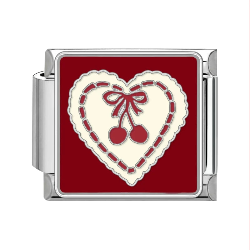 Niedliche Schleife, Knoten, Herz, Kirsche, süß, rosa, rot, italienische Charm-Verbindungen, passend für 9 mm Armbänder, Edelstahl, Damenschmuck, DIY-Herstellung von Geschenken