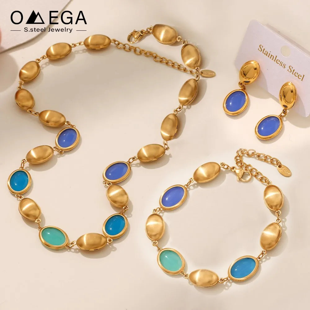 Mehrfarbige Opal-Halskette, Armband, Ohrringe für Damen, 18 Karat vergoldeter Edelstahl, Damen-Halsketten, Armbänder, Ohrringe-Set