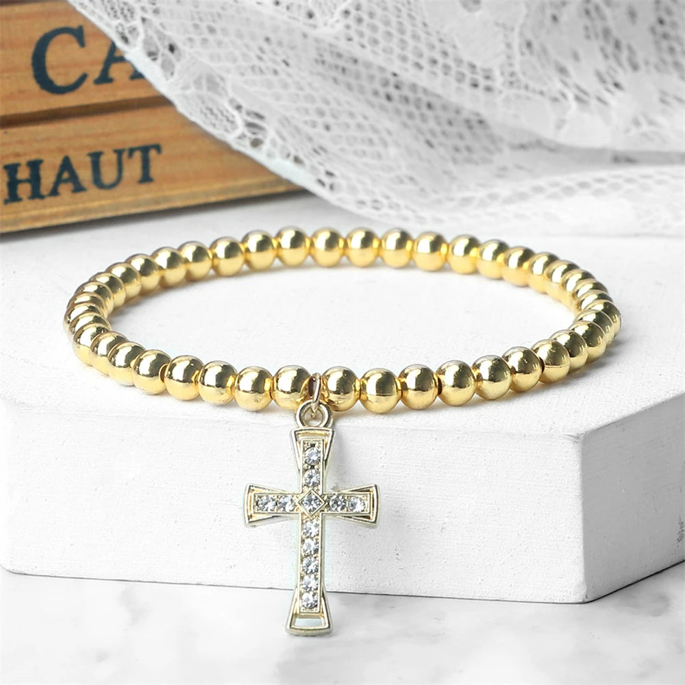 5mm Gold Silber Farbe Kupfer Perlenarmband Elastisches Seil Armband mit Kreuz Strass Anhänger Charm Schmuck Geschenk für Frauen Männer