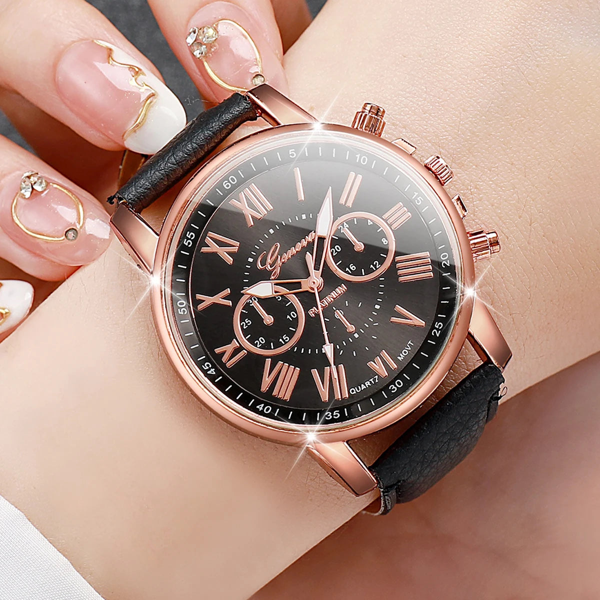 5PCS frauen Uhren Mode Roma Zifferblatt Leder Band Quarzuhr Damen Silikon Band Armbanduhr Reloj Mujer (Ohne box)