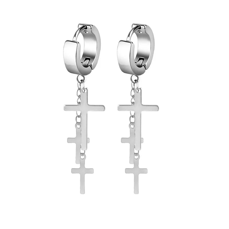 Neueste 1 Paar Edelstahl Kreuz Anhänger Baumeln Lange Quaste Unisex Creolen Männer/Frauen Punk Gothic Schmuck Beste Geschenke
