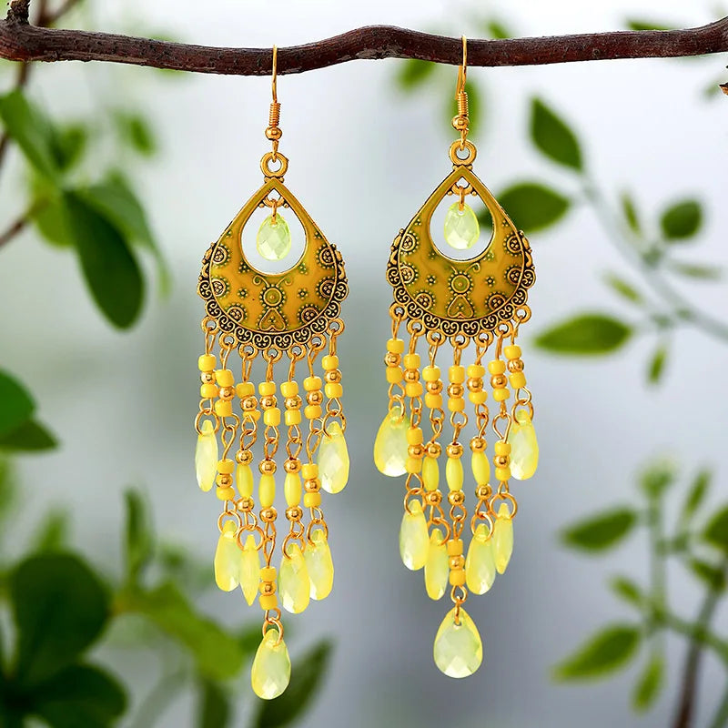 Bohemian Lange Bunte Quaste Perlen Wasser Tropfen Baumeln Ohrringe Für Frauen Vintage Gold Farbe Tropfen Glasur Ohrringe Pendientes Mujer