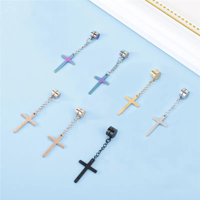 Punk Kreuz Anhänger Quaste Edelstahl Ohrringe Magnet Mode Geometrische Clip Ohr Schmuck Party Geschenke Für Frauen Männer