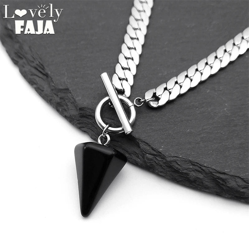 Goth Obsidian Reiki Heilung Pendel für Wahrsagerei Halskette Frauen Edelstahl Kette Kegel Anhänger Halsketten Schmuck NXS03
