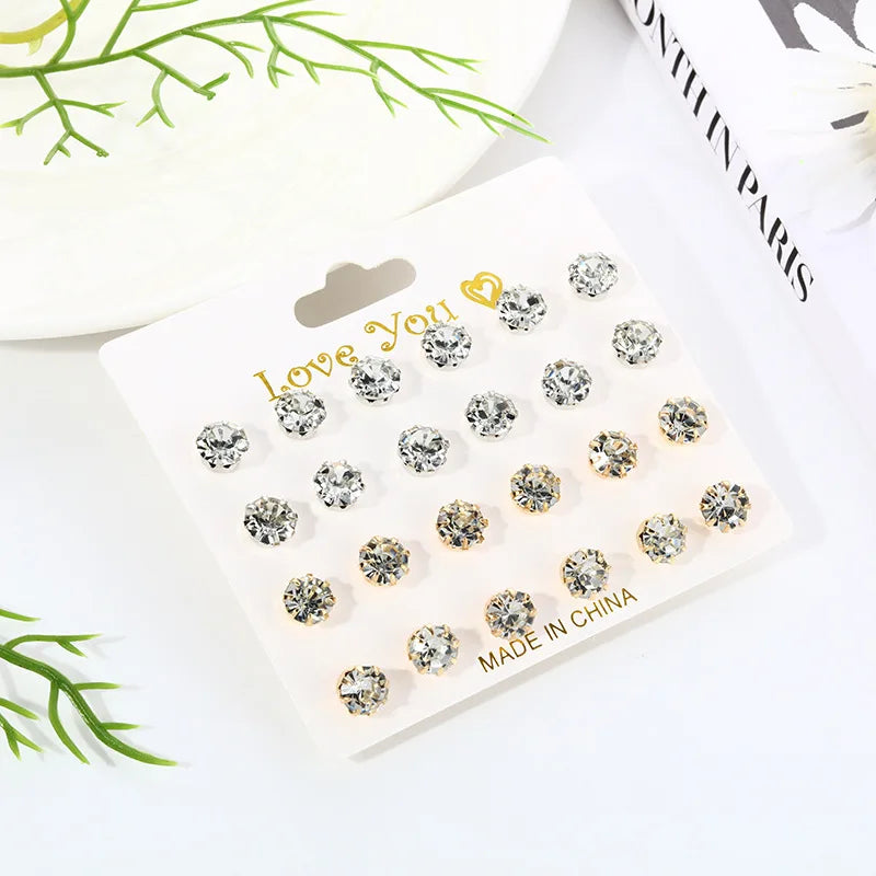 12-teiliges Glas-Wasser-Diamant-Ohrring-Set mit acht Krallen, vielseitiges Blumen-Kunstkristall-Karten-Ohrring-Set, Ohrringe, Ohrring-Set