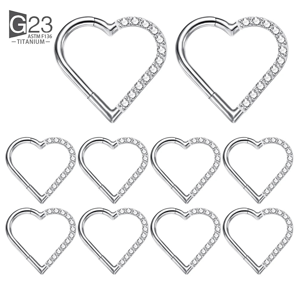10 Stück ASTM F136 Titan Daith Herz Ohrring Hoop Knorpel Tragus Helix Ringe Scharniersegment Hoop mit klarem CZ