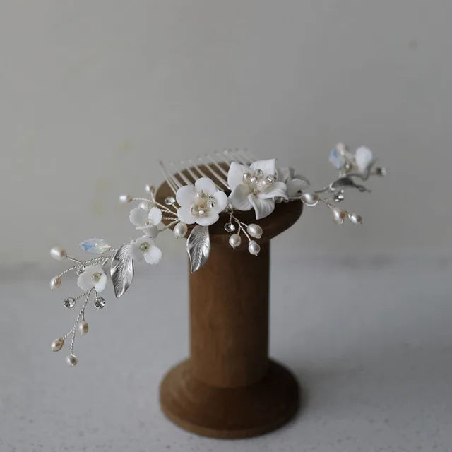 SLBRIDAL Handgemachte Luxus Strass Süßwasser Perlen Ceram Blume Braut Tiara Hochzeit Brautjungfern Krone Frauen Haar Schmuck