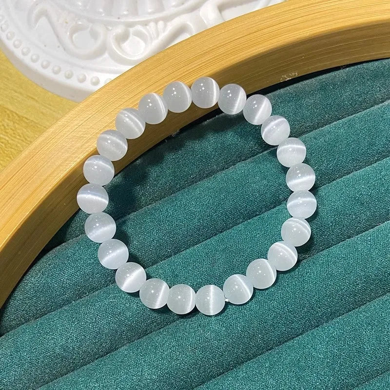 100 % natürliches weißes Katzenaugen-Stein-Armband für Damen, 6/8/10 mm, glattes Perlenarmband, Geschenke für Liebhaber, Mondstein-Armband