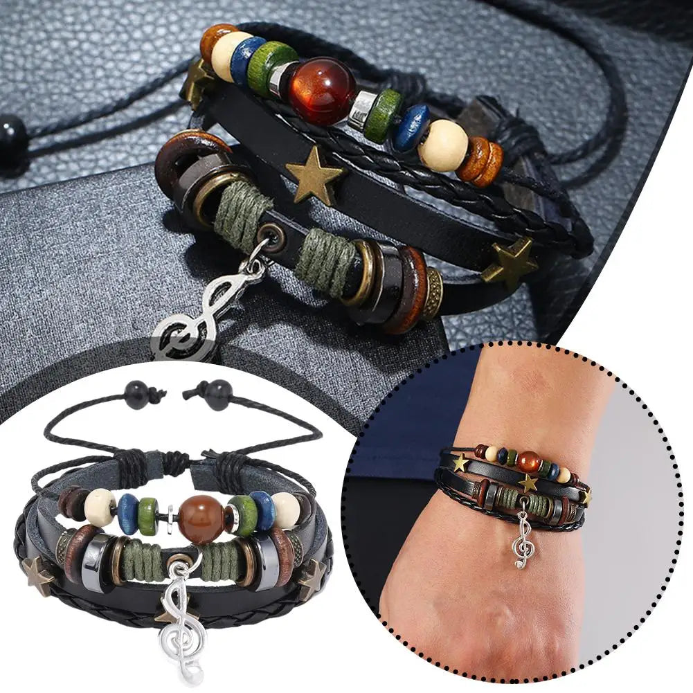 High-end-Männer Und Frauen Perlen Leder Armband Vintage Armband Armband Armband Stern Note Armband Musical Einstellbar Multi F9J3