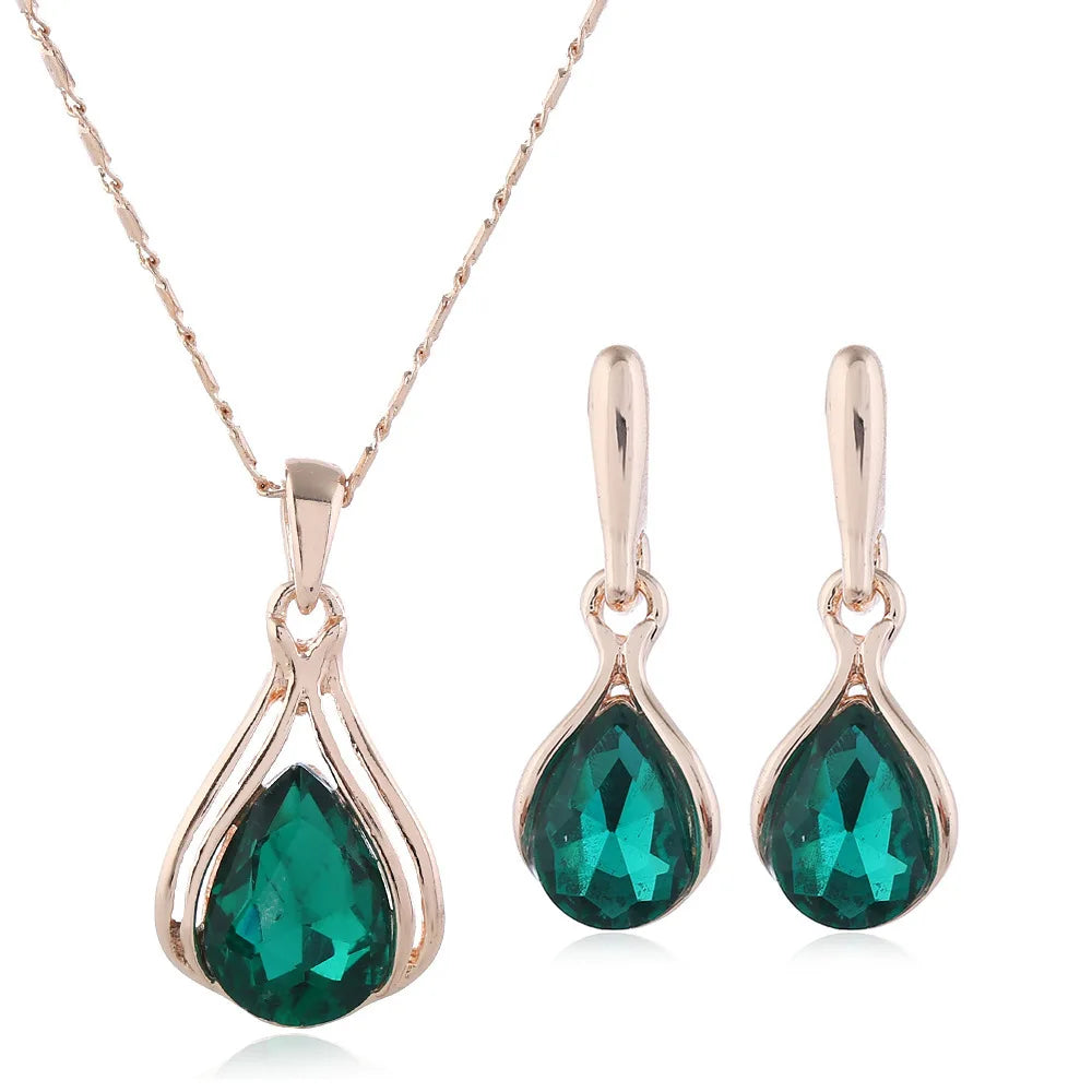 3 Stück rosé goldfarbene Halskette Ohrringe grüne Kristallglas legierung Anhänger einfache Mode Stil Schmuck Set