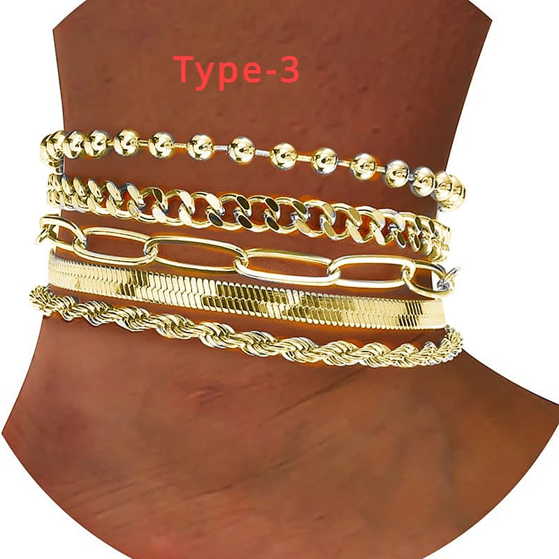 5 Stück/7 Stück 14K vergoldetes Fußkettchen Cuban Link Figaro Büroklammer Seil Fischgrätenkette Fußkettchen Set Geschenk für Frauen Mädchen