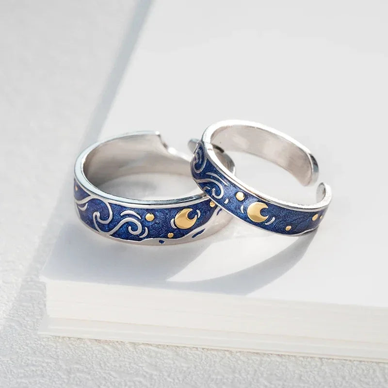 1/2 stücke romantische van Gogh Sternen himmel Ringe Liebhaber Paar Persönlichkeit öffnen Fingerring Männer Frauen Nacht Stern Mond Schmuck Geschenke