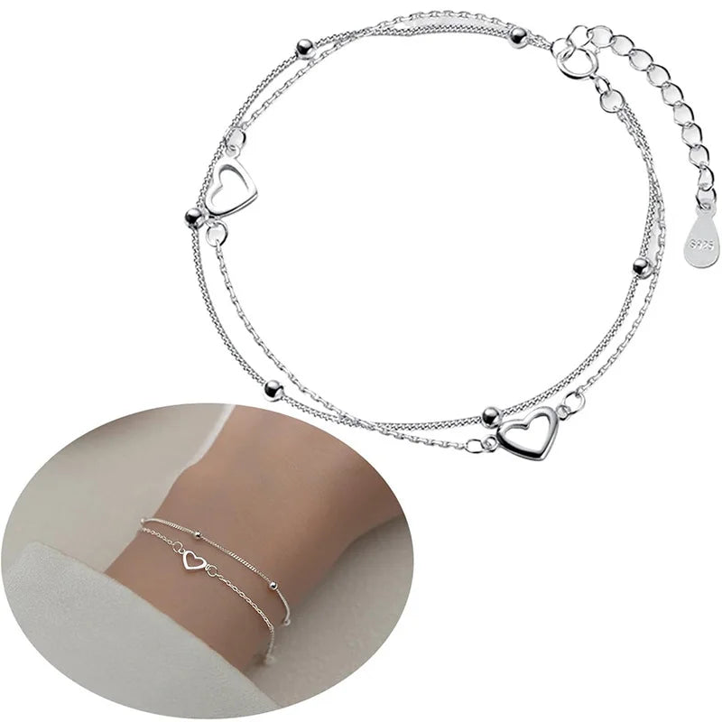 Runde Perle, hohles Liebesarmband, Herz, handverziert, doppeltes Design, süßes 925er Silber vergoldetes Kettenarmband für Frauen und Mädchen, Geschenke