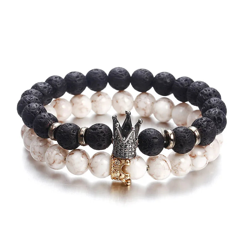 8MM Weiß Kiefer Vulkanstein Armband Elastischen Faden Eingestellt Perle Neue Vulkanstein Krone Armband Für Frauen Männer Schmuck geschenk