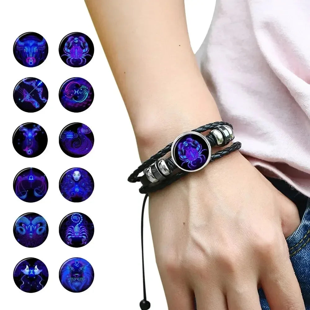 12-Sternbild-Sternzeichen, schwarzes geflochtenes Lederarmband, Krebs, Löwe, Jungfrau, Waage, gewebte Glaskuppel, Schmuck, Punk-Männerarmband