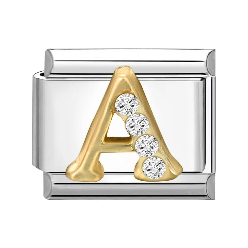 Neues modisches italienisches Armband mit 26 englischen Buchstaben, Edelstahl-Armreif, goldfarben, eingelegter Zirkonia, DIY-Herstellung von Schmuck, Geschenken