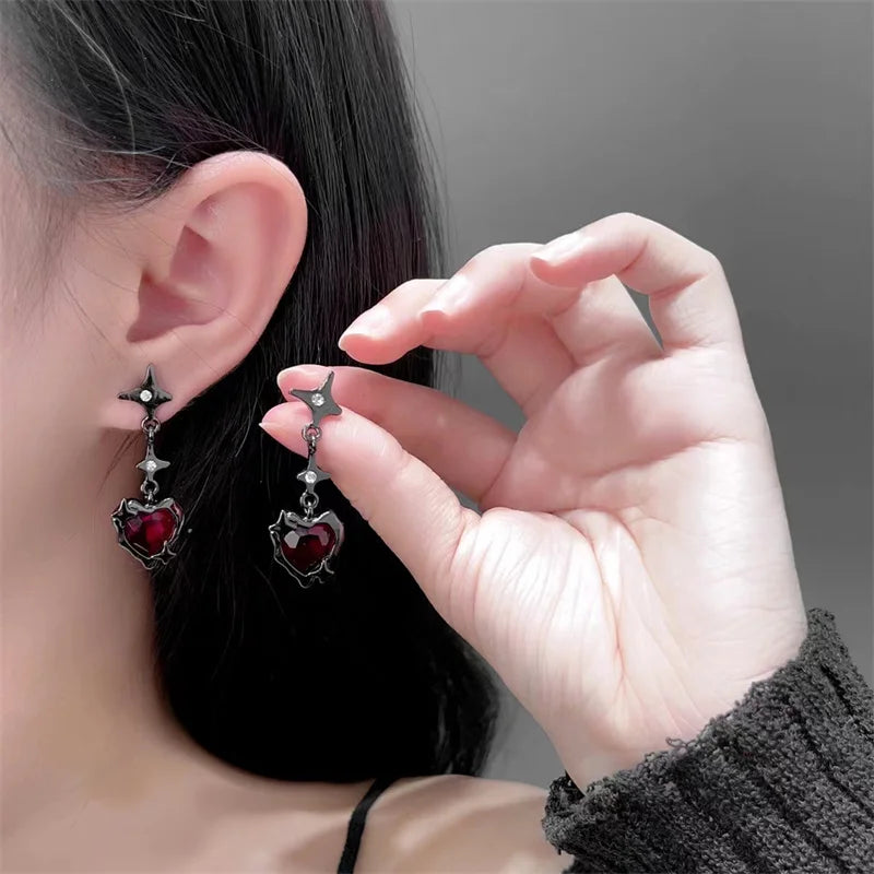 Y2K Goth Flüssigkeit Herz Kreuz Stern Anhänger Ohrringe Frauen Rot Zirkon Liebe Baumeln Ohrring Gothic Unregelmäßige Quaste Ohrringe Schmuck