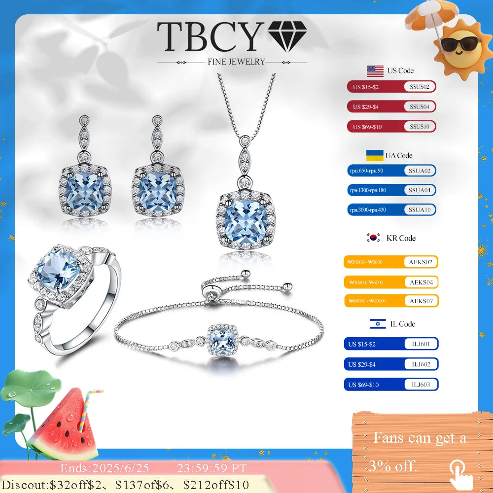TBCYD Blau Topas Mode Schmuck Set Für Frauen S925 Sterling Silber Diamant Ring Ohrring Armband Halskette Partei Edlen Schmuck