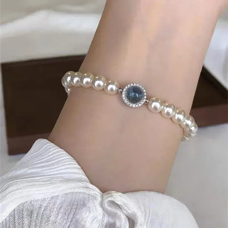 925 Sterling Silber Blau Zirkon Perle Armband Frauen Französisch Vintage Luxus Charme Armbänder Fashion Party Schmuck Urlaub Geschenke