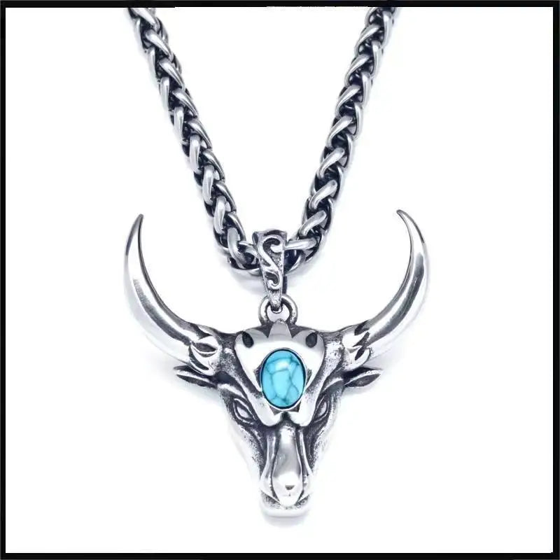 Gothic Green Stone Bull Skull Halskette Anhänger Punk Tier Halskette Herren Stier Sternzeichen Amulett Schmuck Jubiläumsgeschenk