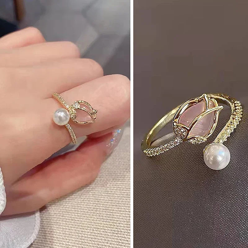 Mode Tulpe Blume Imitation Perle Ringe für Frauen Elegante Licht Luxus Zirkon Verstellbare Öffnung Ring Hochzeit Schmuck