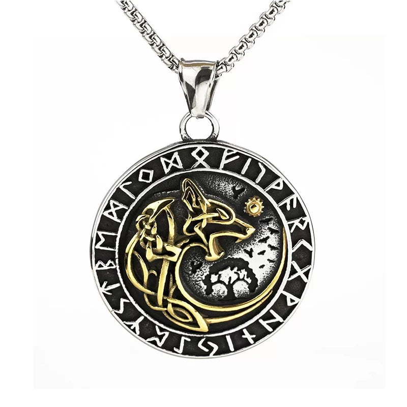 Wolf & Löwe Anhänger Halskette mit nordischen Runen Vintage Stil Wikinger Tribal Kette für Männer, Punk Biker Edelstahl Schmuck Geschenk