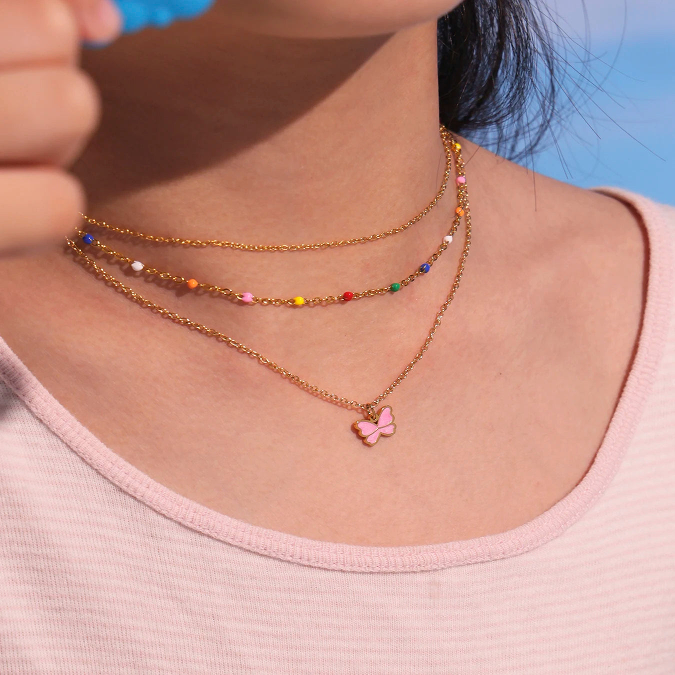 Kinderschmuck, rosa Schleife, Anhänger, gedrehte Kette, Halskette, Ohrringe, Armband, Ring, 5-teilig, Edelstahl, wasserdicht, Geschenk