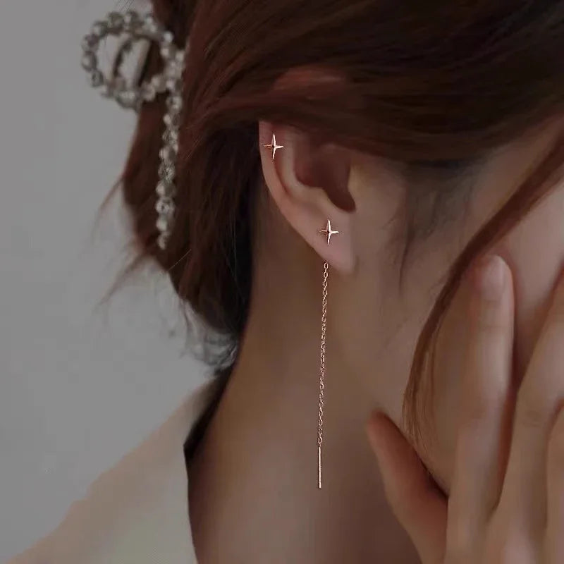 Trend Edelstahl Lange Draht Quaste Gewinde Kette Stern Anhänger Tropfen Ohrring frauen Ohr Linie Gerade Hängen Ohrringe Schmuck