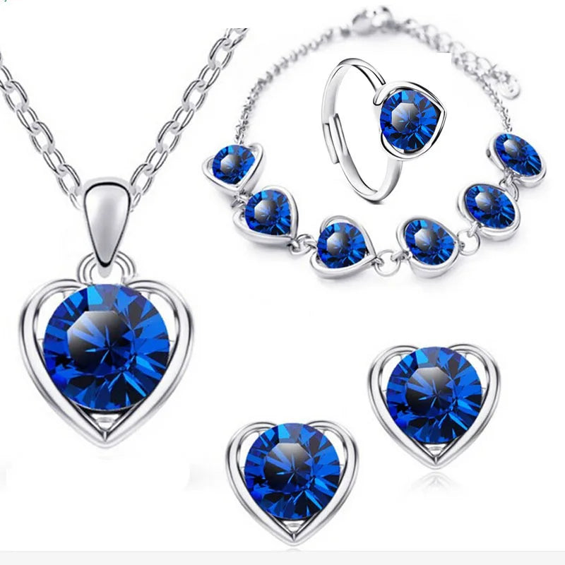 Blauer Kristall Ring Halskette Ohrringe Set Hochzeit Schmuck Sets für Bräute Anhänger Ohrringe für Mädchen Frauen Afrikanische Schmuck Sets