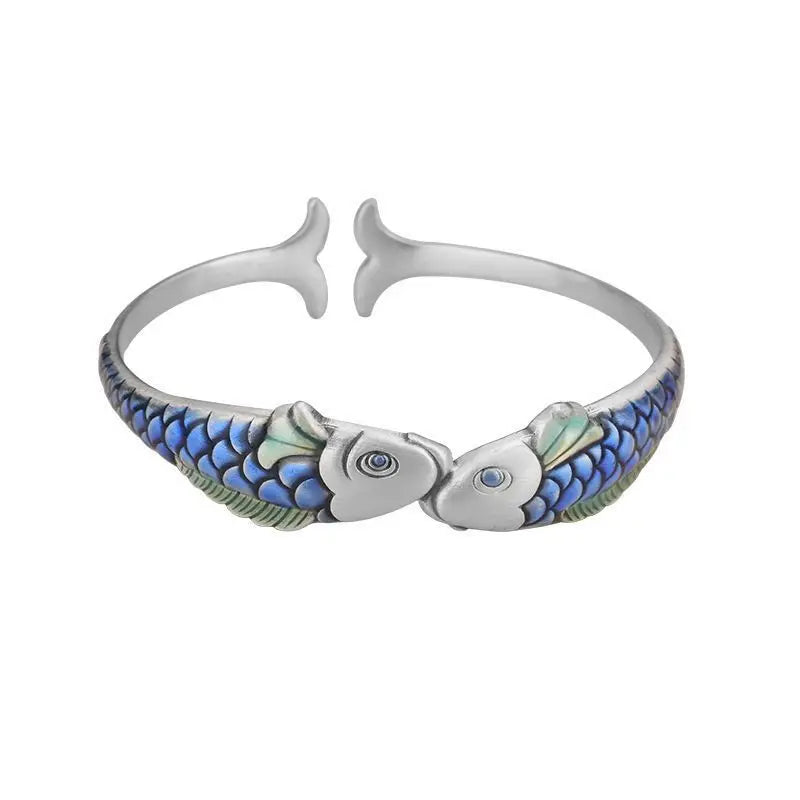 Nationaler Stil Drop Craft Fische Karpfen Armreif 925er Sterlingsilber Mode Persönlichkeit Tier Fisch Öffnungsarmbänder SL036