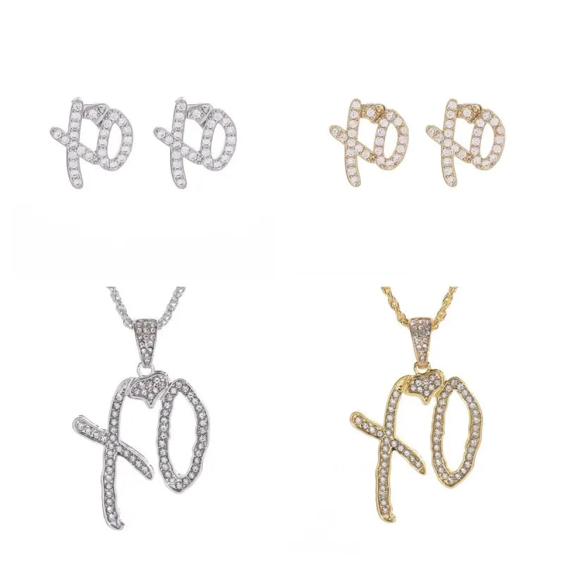 Hochwertiges Hip Hop Zirkonia Xo Buchstaben Anhänger Ohrringe Halskette Set für Männer und Frauen Modetrend Schmuck