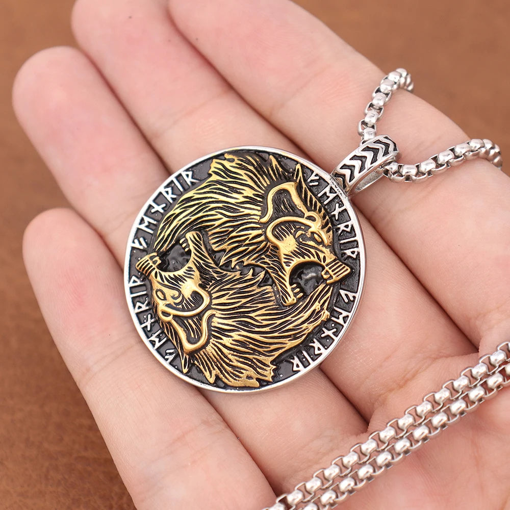 Wolf & Löwe Anhänger Halskette mit nordischen Runen Vintage Stil Wikinger Tribal Kette für Männer, Punk Biker Edelstahl Schmuck Geschenk