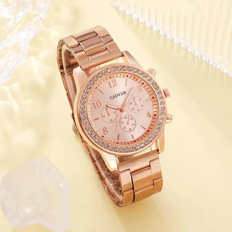 6 Stück Set Roségold Luxus uhr Damen Ring Halskette Ohrring Strass Mode Armbanduhr lässig Damen Armband Uhren