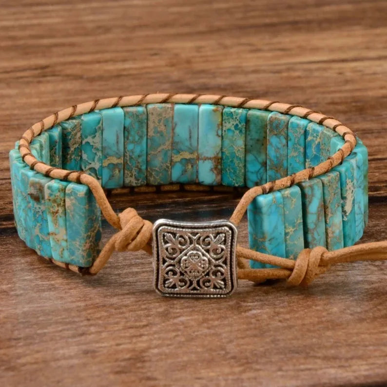 Böhmisches mehrfarbiges Kaiserstein-Armband, 7-Chakra-Heilung, rechteckige Steine, Armband, Lederseil, gewebter Armreif, Handgelenkschmuck