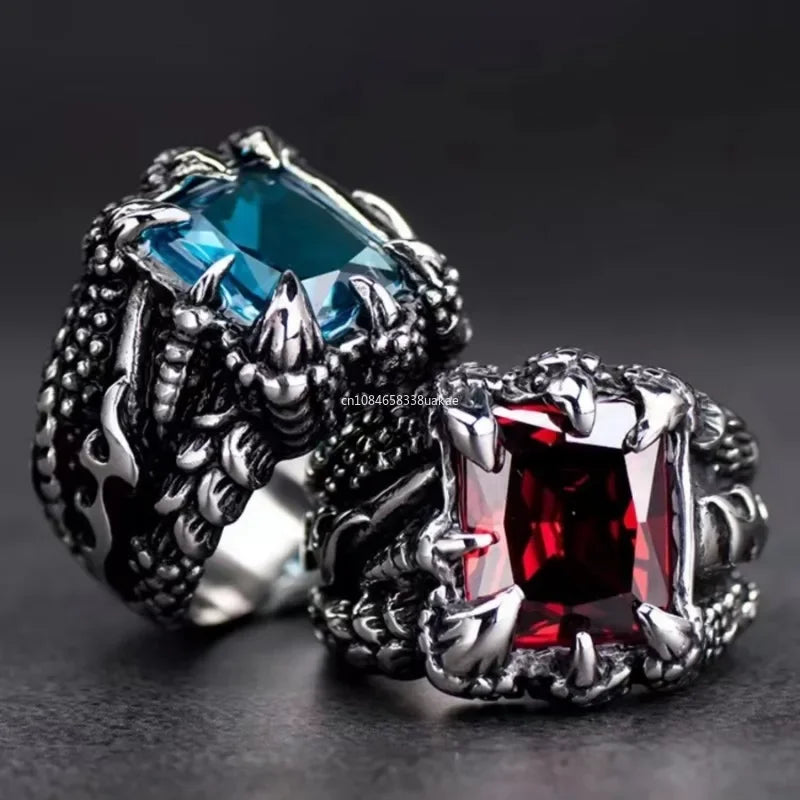 1 Stück Gothic Blauer und roter Kristall Böser Dämon Drachenklauen-Ring für Männer Gramm Biker Punk Rock Hip Hop Cooles Schmuckzubehör Mohamedца