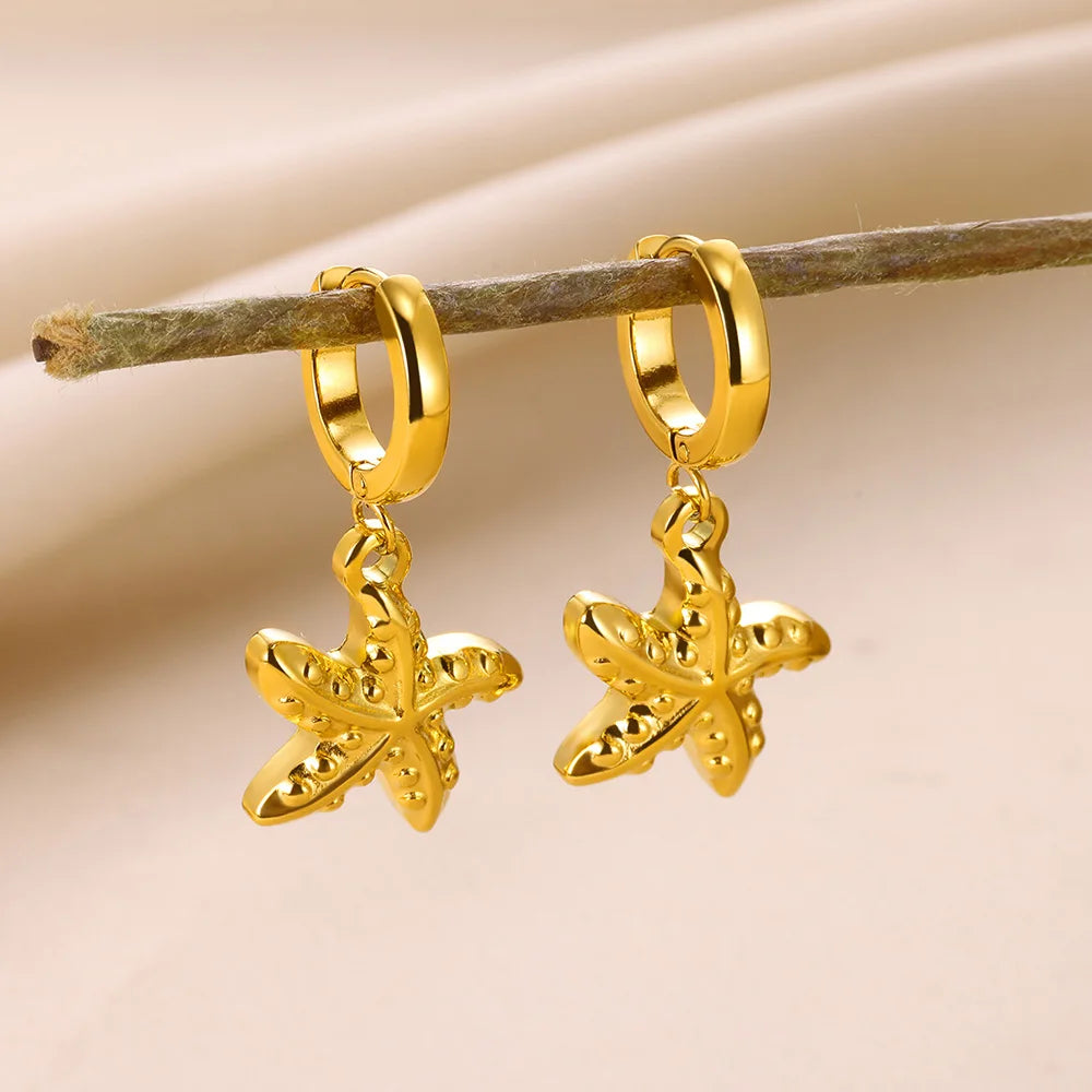 Vintage Seestern Shell Creolen Für Frauen Gold Farbe Edelstahl Ozean Shell Ohrring Wasserdicht Hochzeit Schmuck Geschenk