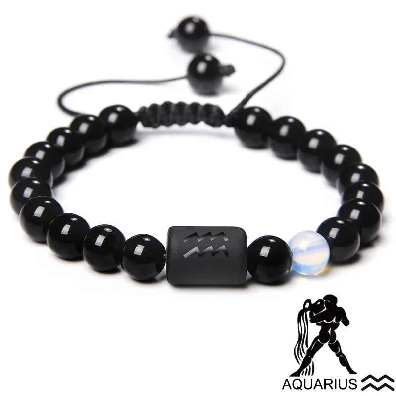 12-Sternbild-Sternzeichen-Armband, schwarze Onyx-Perlen, Krebs-Löwe, Onyx, geflochtenes Armband für Damen und Herren, Paare, Schmuck, Geschenk