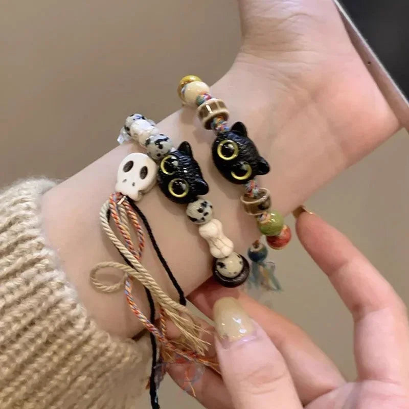Vintage süßes großes Auge Katze Paar Armband mit Totenkopf bunte Quasten Keramik geflochtene Seil Armbänder Mode Frauen Schmuck Geschenk