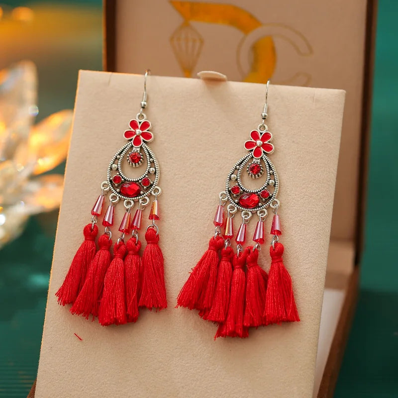 Böhmische Mode Emaille Blume geometrische Quaste lange Ohrringe für Frauen Kristall Strass handgemachte Boho Hochzeits schmuck Geschenk