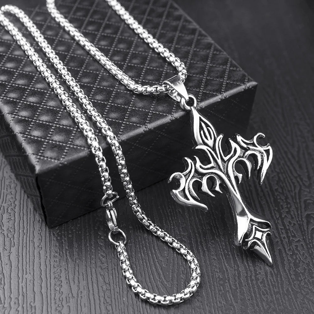 Hip Hop Flamme Kreuz Anhänger Halskette Edelstahl Minimalistischen Schmuck Für Männer Retro Mode Unisex Geschenk Paar Zubehör