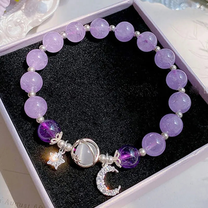 Blau Lila Farbe Opal Stein Armband Für Frauen Mädchen Glänzende Kristall Armbänder Mond Sterne Anhänger Armreifen Armband Schmuck