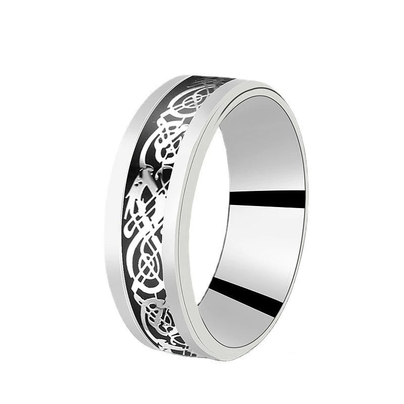 8mm Edelstahl Dominierenden Drachen Muster Ringe für Männer Frauen Punk Intarsien Blau Carbon Faser Ring bagues pour femme
